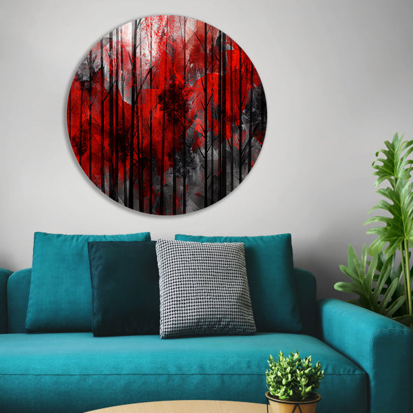 Abstract boslandschap met rode en zwarte kleuren aluminium muurcirkel