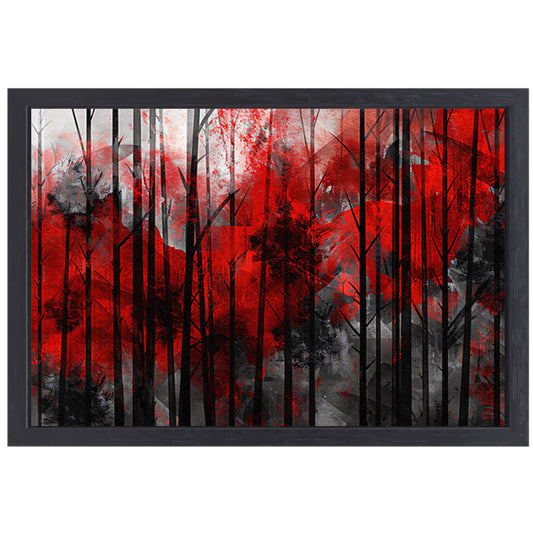 Abstract boslandschap met rode en zwarte kleuren canvas met baklijst