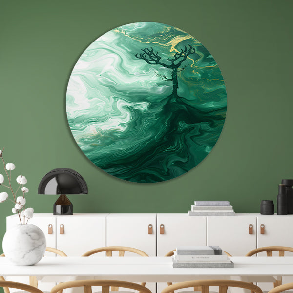 Abstracte boom in groen landschap aluminium muurcirkel