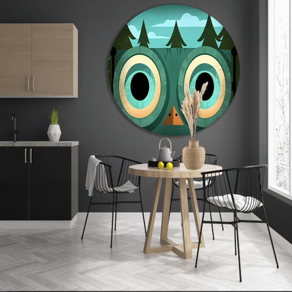 Minimalistische uil met bosachtergrond forex muurcirkel