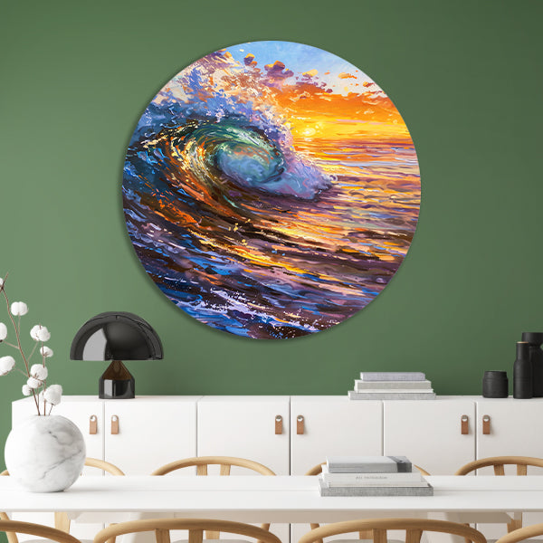 Schilderij van golf bij kleurrijke zonsondergang aluminium muurcirkel