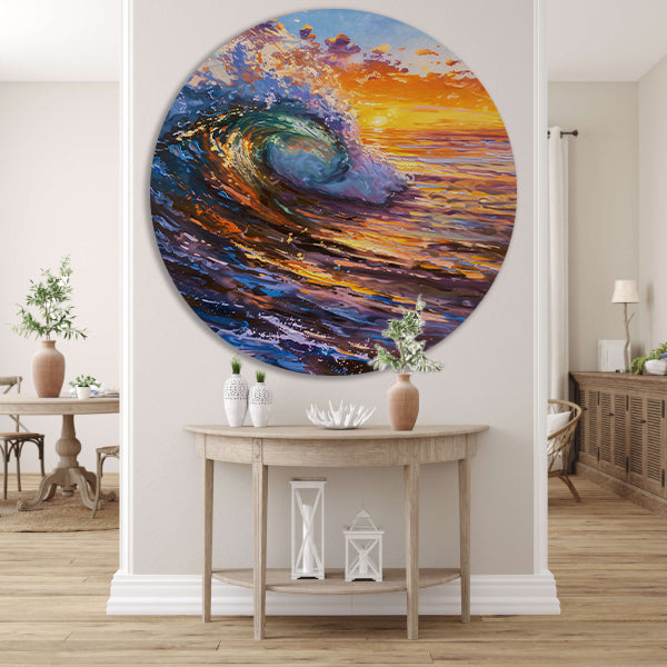 Schilderij van golf bij kleurrijke zonsondergang aluminium muurcirkel