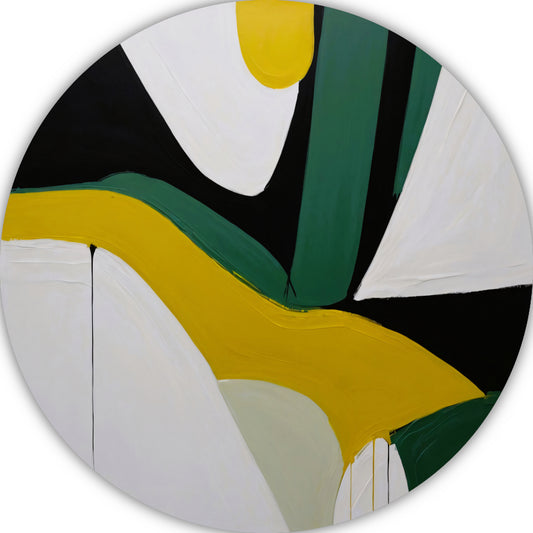 Contrasterende vormen in zwart, wit en geel aluminium muurcirkel