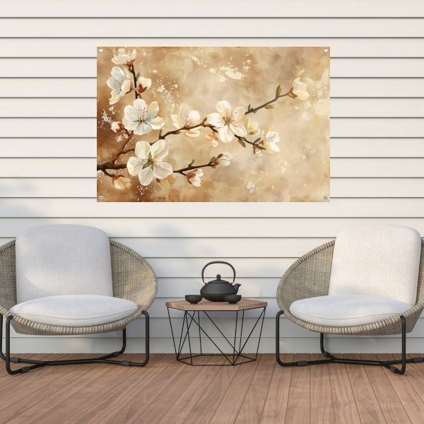 Sierlijke Bloesemtakken tegen Sepia Achtergrond tuinposter