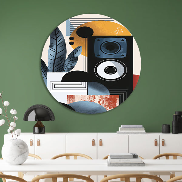 Abstracte kunst met luidspreker en plant aluminium muurcirkel