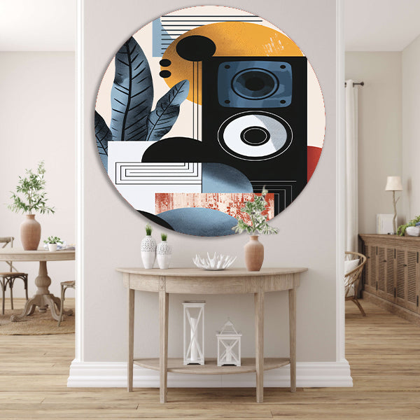 Abstracte kunst met luidspreker en plant aluminium muurcirkel