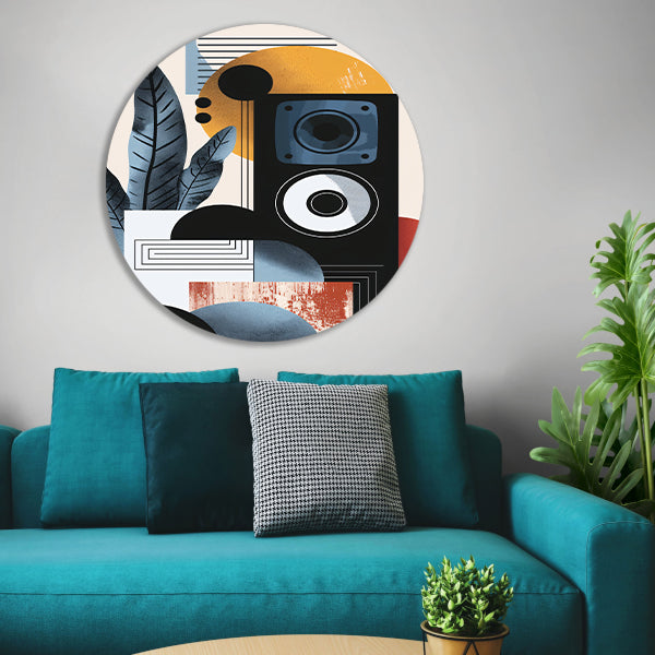 Abstracte kunst met luidspreker en plant aluminium muurcirkel