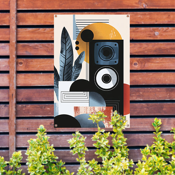 Abstracte kunst met luidspreker en plant tuinposter