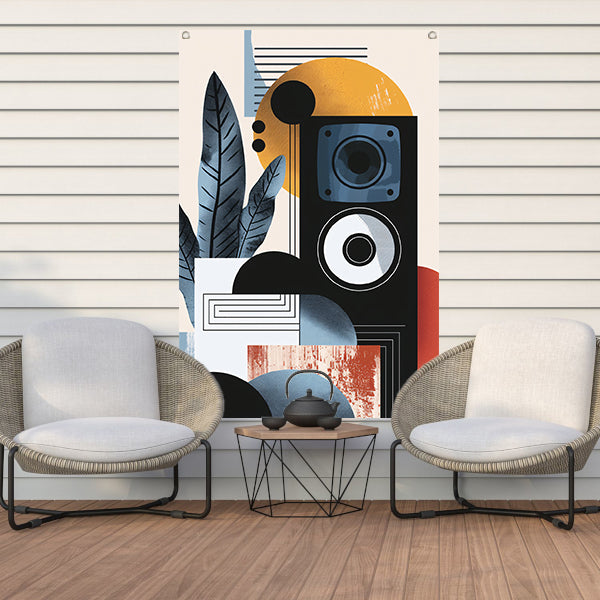 Abstracte kunst met luidspreker en plant tuinposter