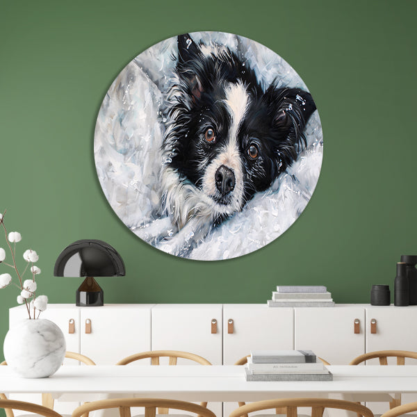 Realistisch schilderij van hond in de sneeuw aluminium muurcirkel