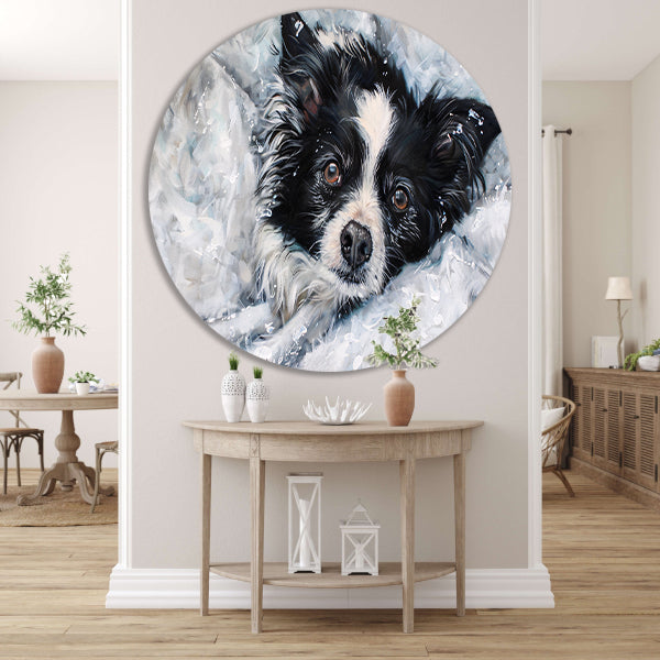 Realistisch schilderij van hond in de sneeuw aluminium muurcirkel