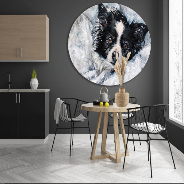 Realistisch schilderij van hond in de sneeuw aluminium muurcirkel