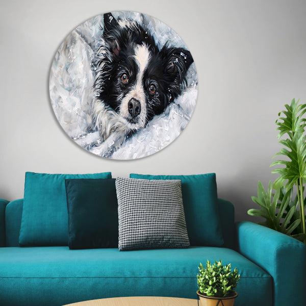 Realistisch schilderij van hond in de sneeuw aluminium muurcirkel