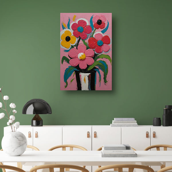 Kleurrijke Bloemen in Vaas op Roze Achtergrond poster