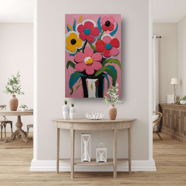 Kleurrijke Bloemen in Vaas op Roze Achtergrond poster