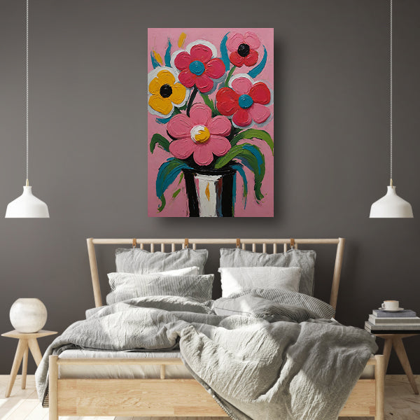 Kleurrijke Bloemen in Vaas op Roze Achtergrond poster