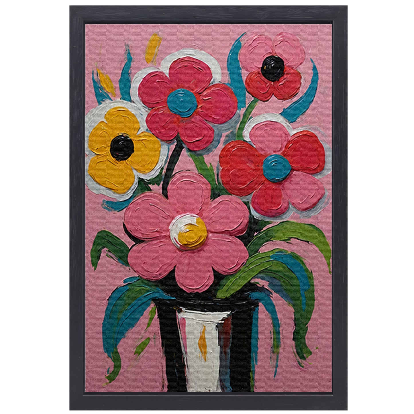 Kleurrijke Bloemen in Vaas op Roze Achtergrond canvas met baklijst
