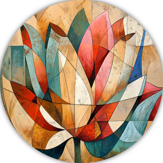 Abstracte geometrische compositie van een lotusbloem aluminium muurcirkel