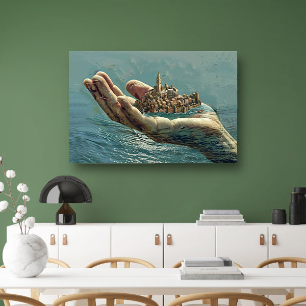 Stad gedragen door een gigantische hand acrylglas