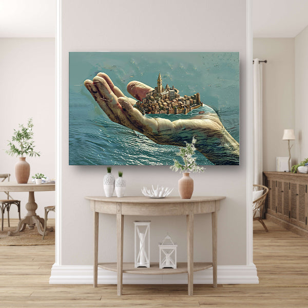 Stad gedragen door een gigantische hand acrylglas