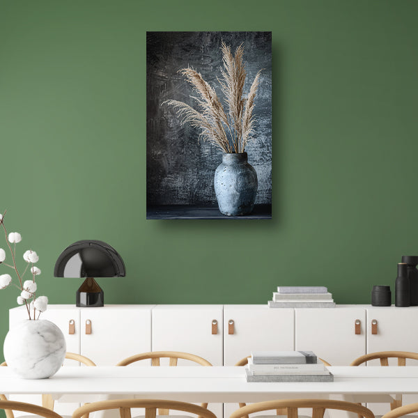 Rustieke blauwe vaas met graanstengels tegen donkere achtergrond poster