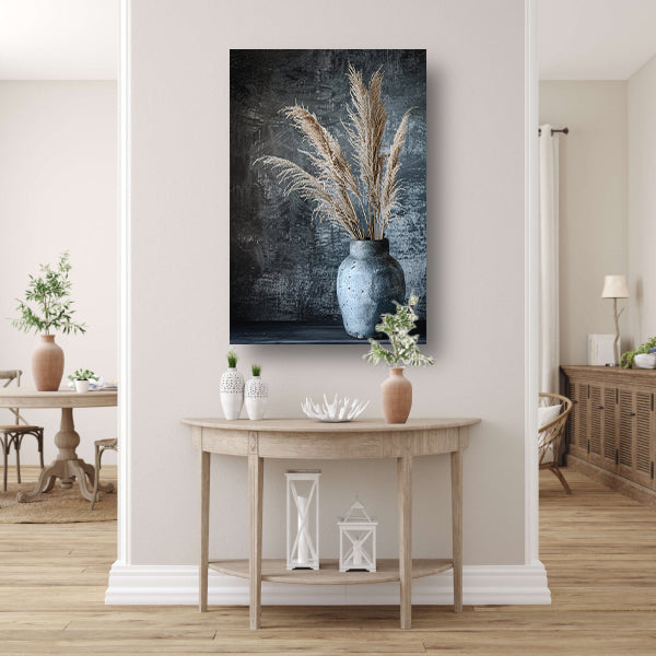 Rustieke blauwe vaas met graanstengels tegen donkere achtergrond poster