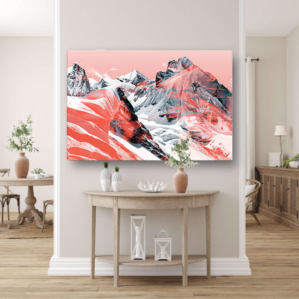 Abstracte schilderij van berglandschap in rood poster