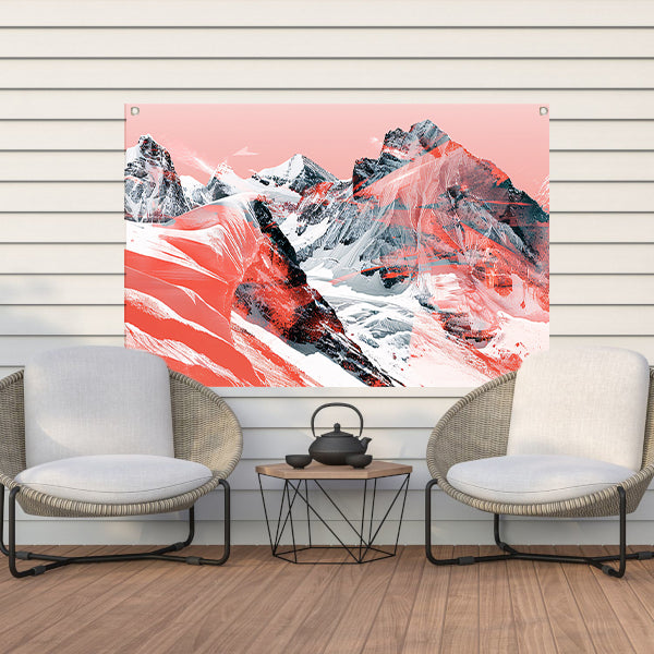 Abstracte schilderij van berglandschap in rood tuinposter