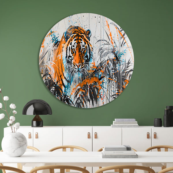 Dynamisch schilderij van tijger in kleur forex muurcirkel