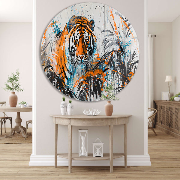 Dynamisch schilderij van tijger in kleur forex muurcirkel