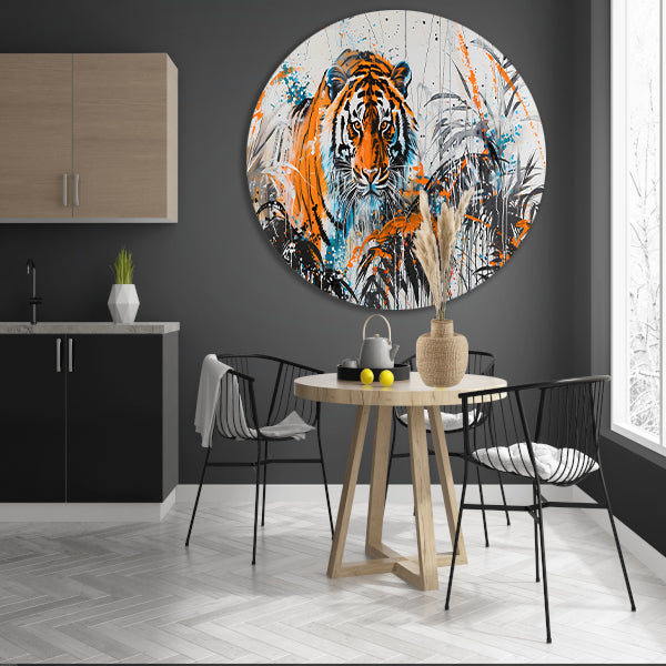 Dynamisch schilderij van tijger in kleur forex muurcirkel
