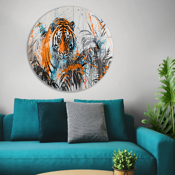 Dynamisch schilderij van tijger in kleur forex muurcirkel