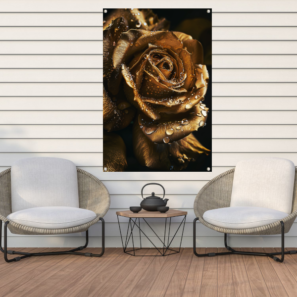 Betoverende gouden roos met ochtenddauw tuinposter