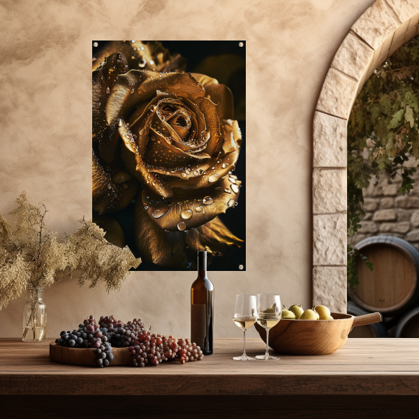 Betoverende gouden roos met ochtenddauw tuinposter