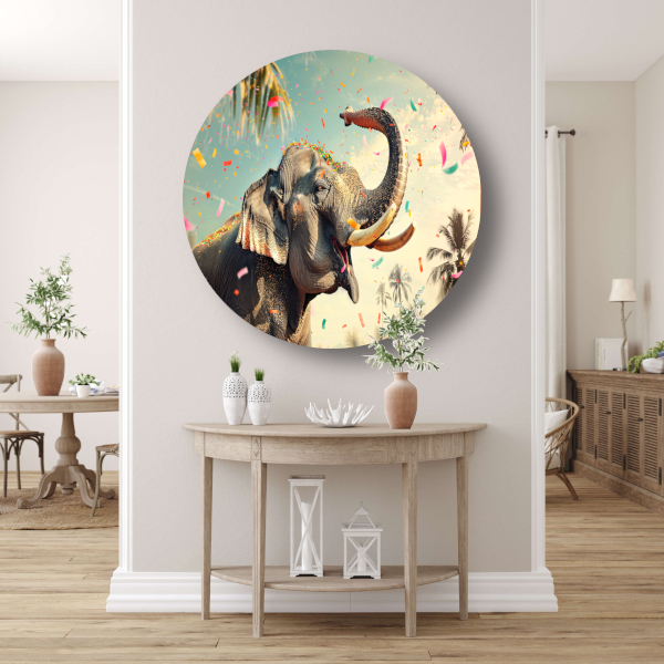Popart Olifant met Confetti forex muurcirkel