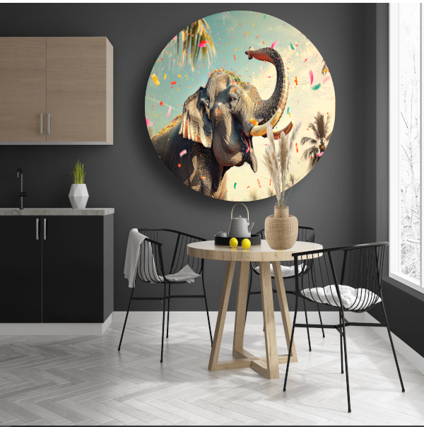 Popart Olifant met Confetti forex muurcirkel