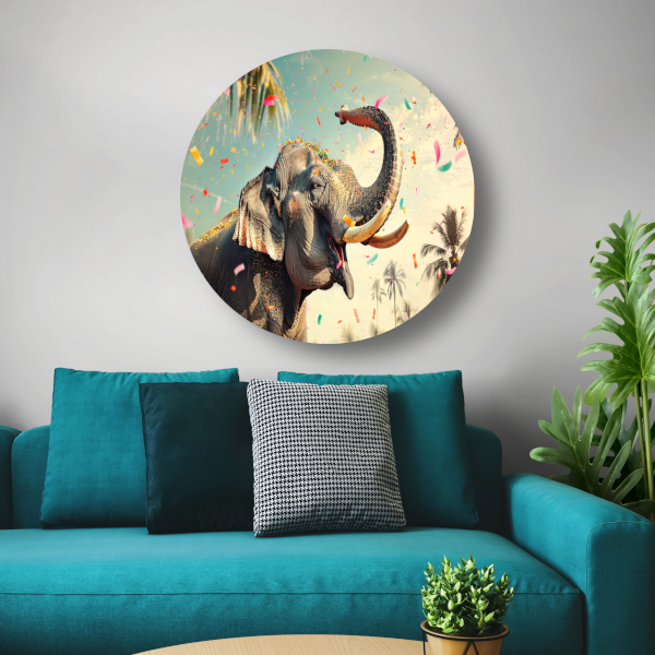 Popart Olifant met Confetti forex muurcirkel