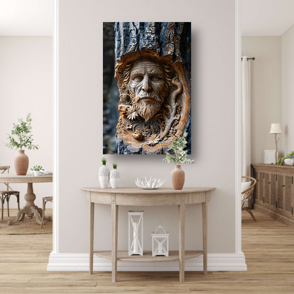 Houtsnijwerk van een gezicht in een boomstam poster