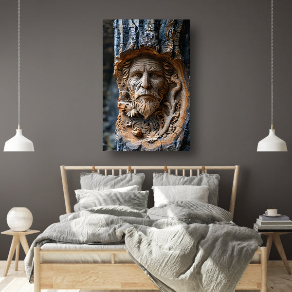 Houtsnijwerk van een gezicht in een boomstam poster