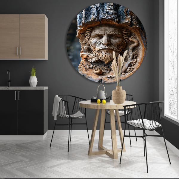 Houtsnijwerk van een gezicht in een boomstam aluminium muurcirkel