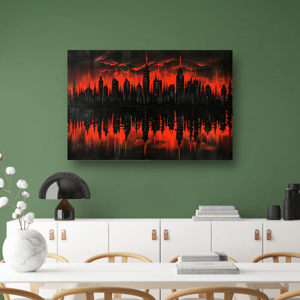 Rood-zwarte stadssilhouet bij zonsondergang acrylglas