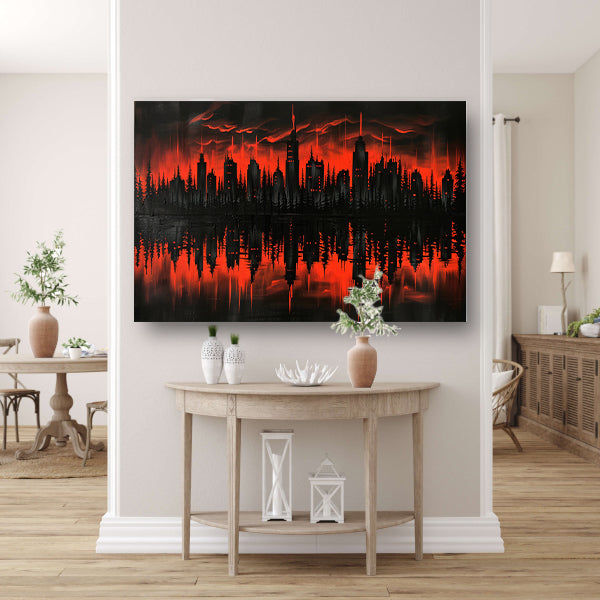 Rood-zwarte stadssilhouet bij zonsondergang poster