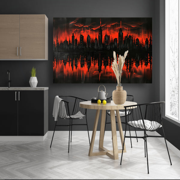 Rood-zwarte stadssilhouet bij zonsondergang poster