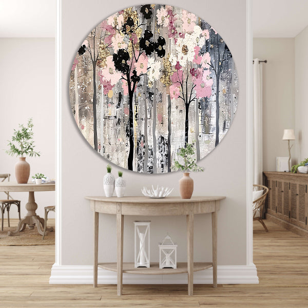 Abstracte moderne bomen met bloemen aluminium muurcirkel