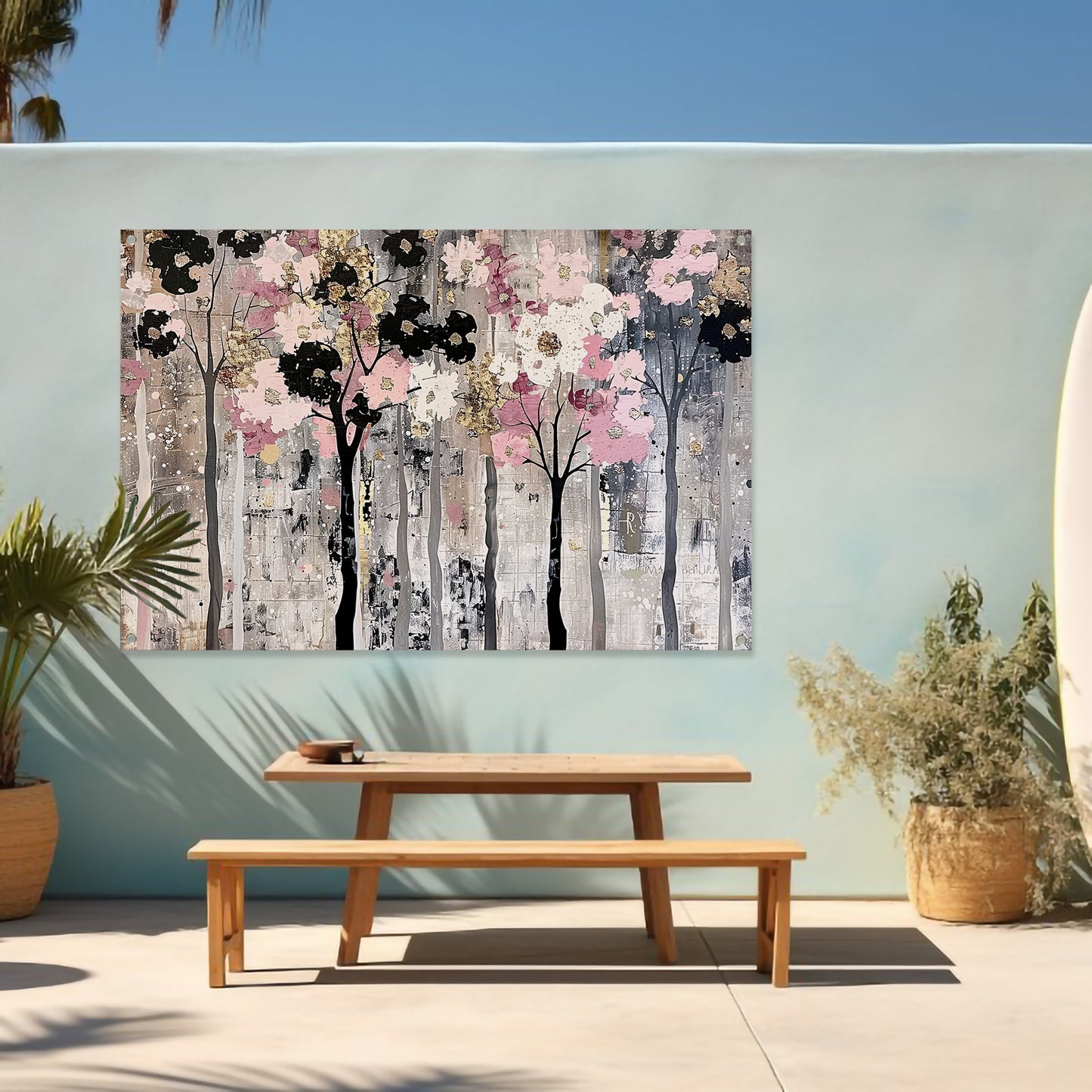 Abstracte moderne bomen met bloemen tuinposter