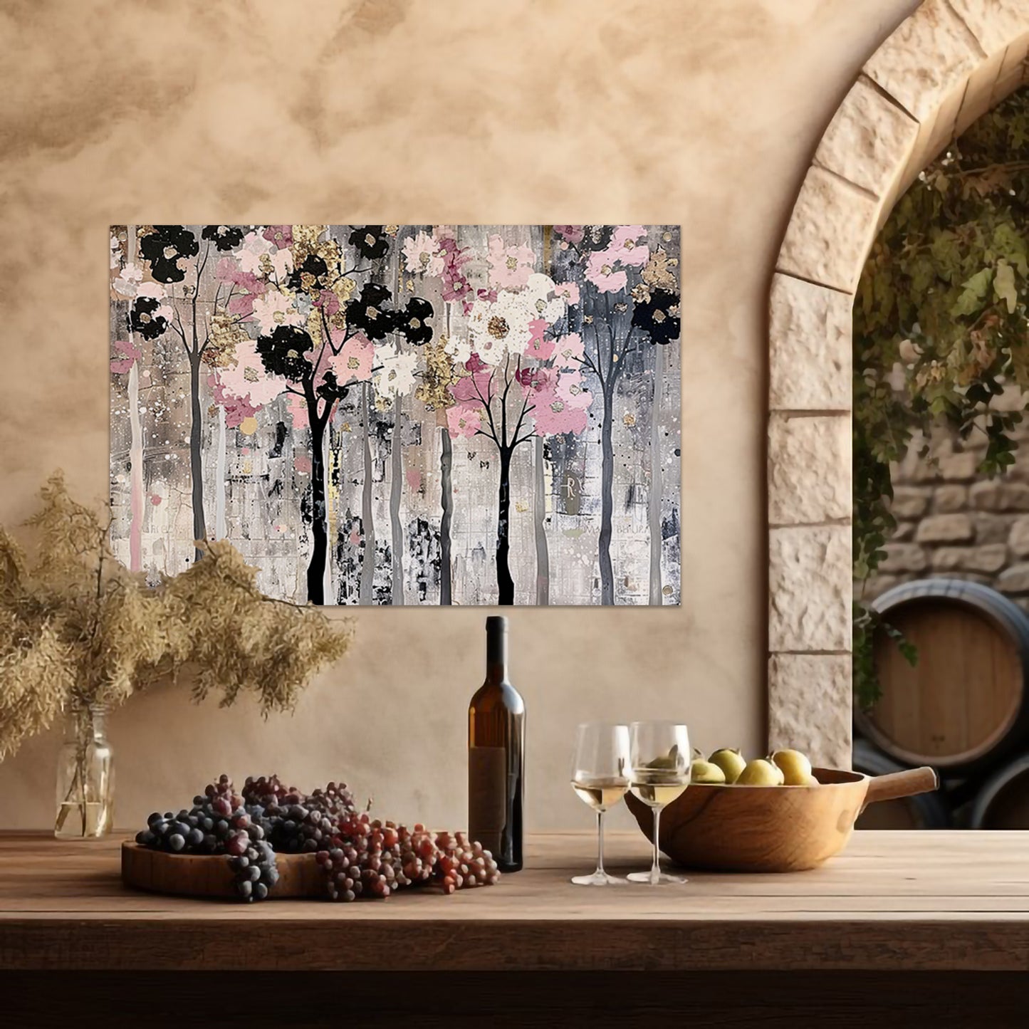 Abstracte moderne bomen met bloemen tuinposter