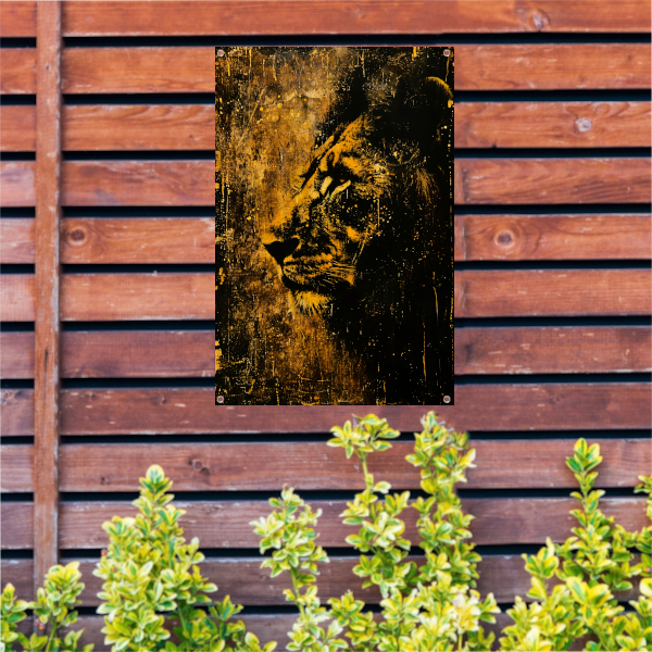 Mysterieus Leeuwenportret in rustieke stijl tuinposter