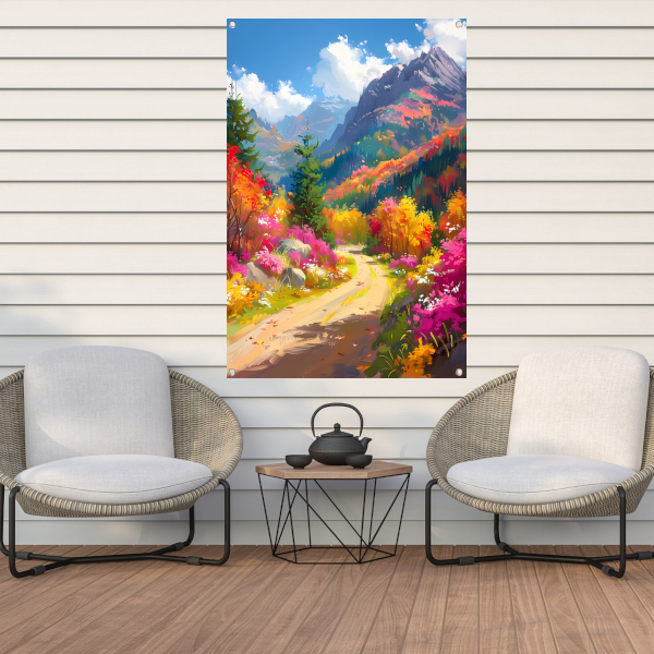 Kleurrijk herfstlandschap met bloemen en bergen tuinposter