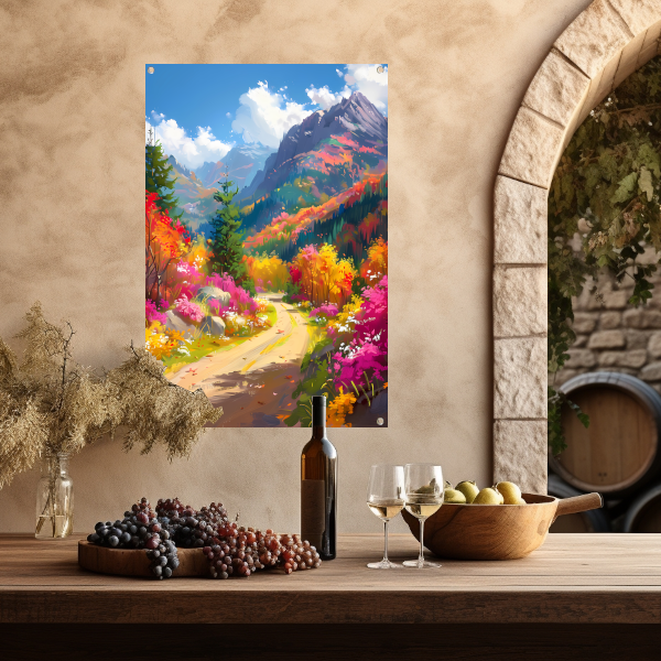 Kleurrijk herfstlandschap met bloemen en bergen tuinposter