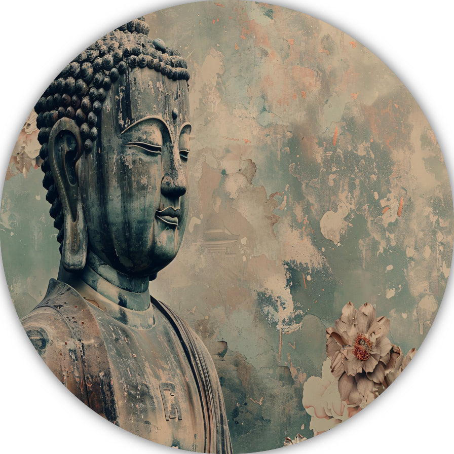 Serene Boeddha met bloemen in sepia aluminium muurcirkel
